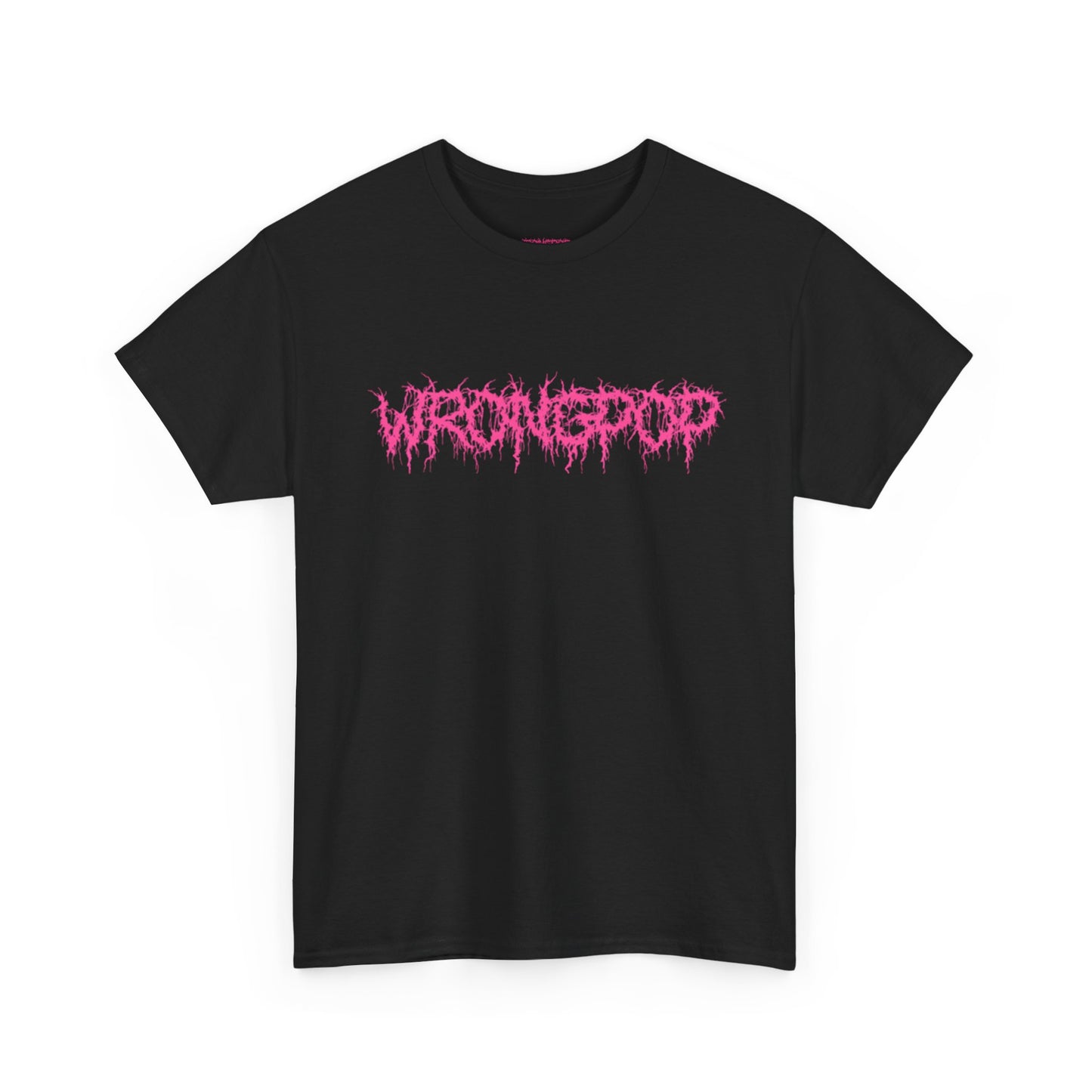 Wrongpop pink logo black tee — lifestyle shot
