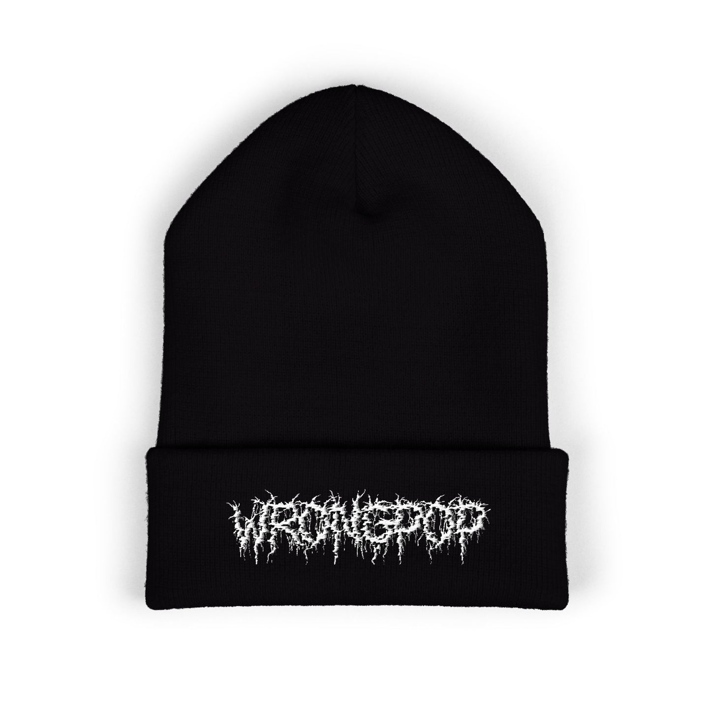 Wrongpop white logo beanie — lifestyle shot