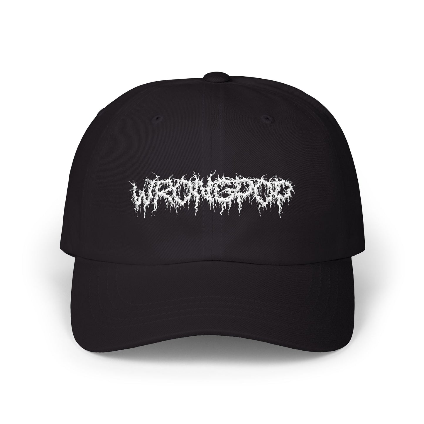 Wrongpop white logo cap — lifestyle shot