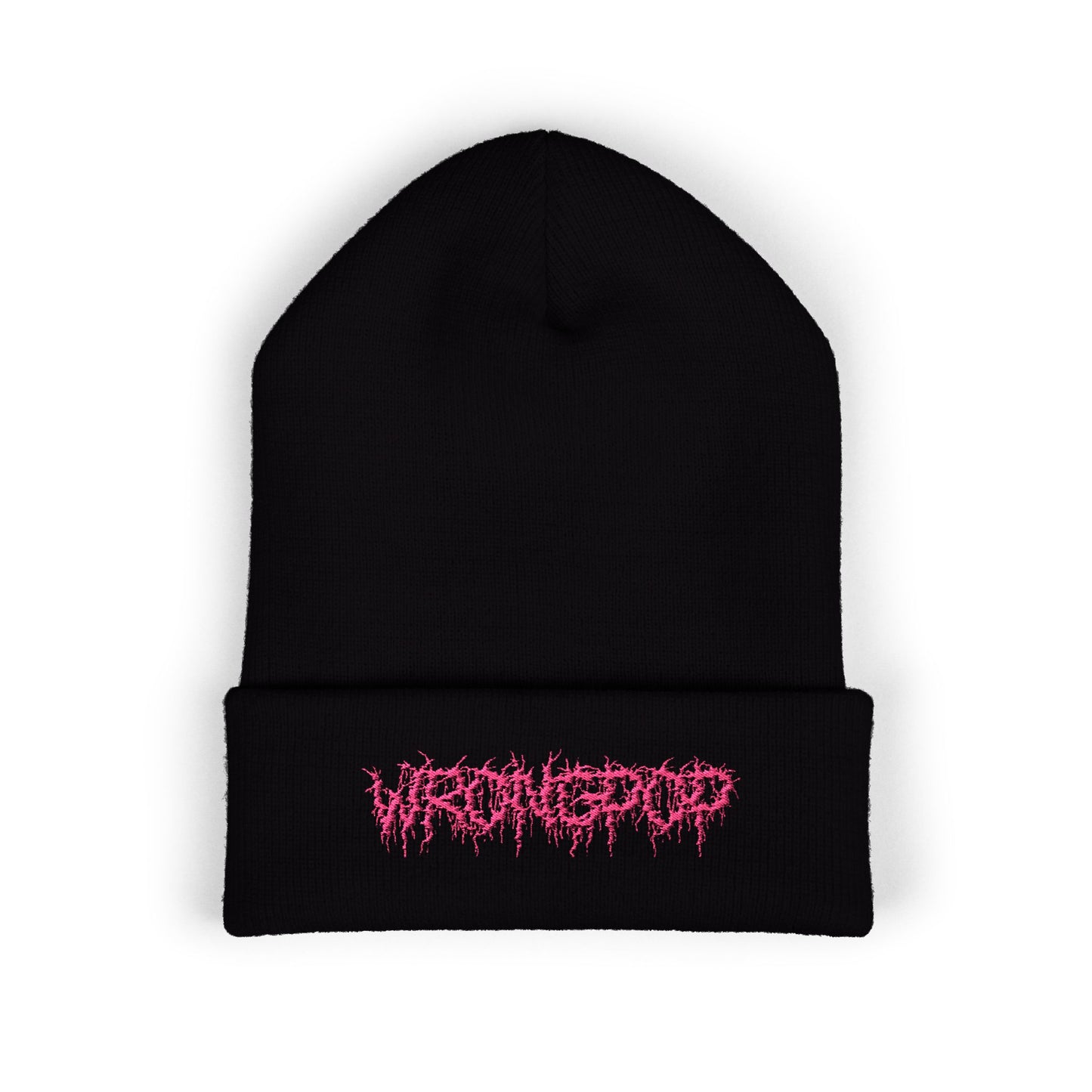 Wrongpop pink logo beanie — lifestyle shot