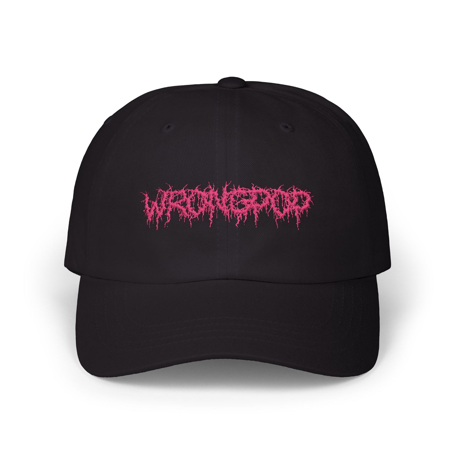 Wrongpop pink logo cap — lifestyle shot