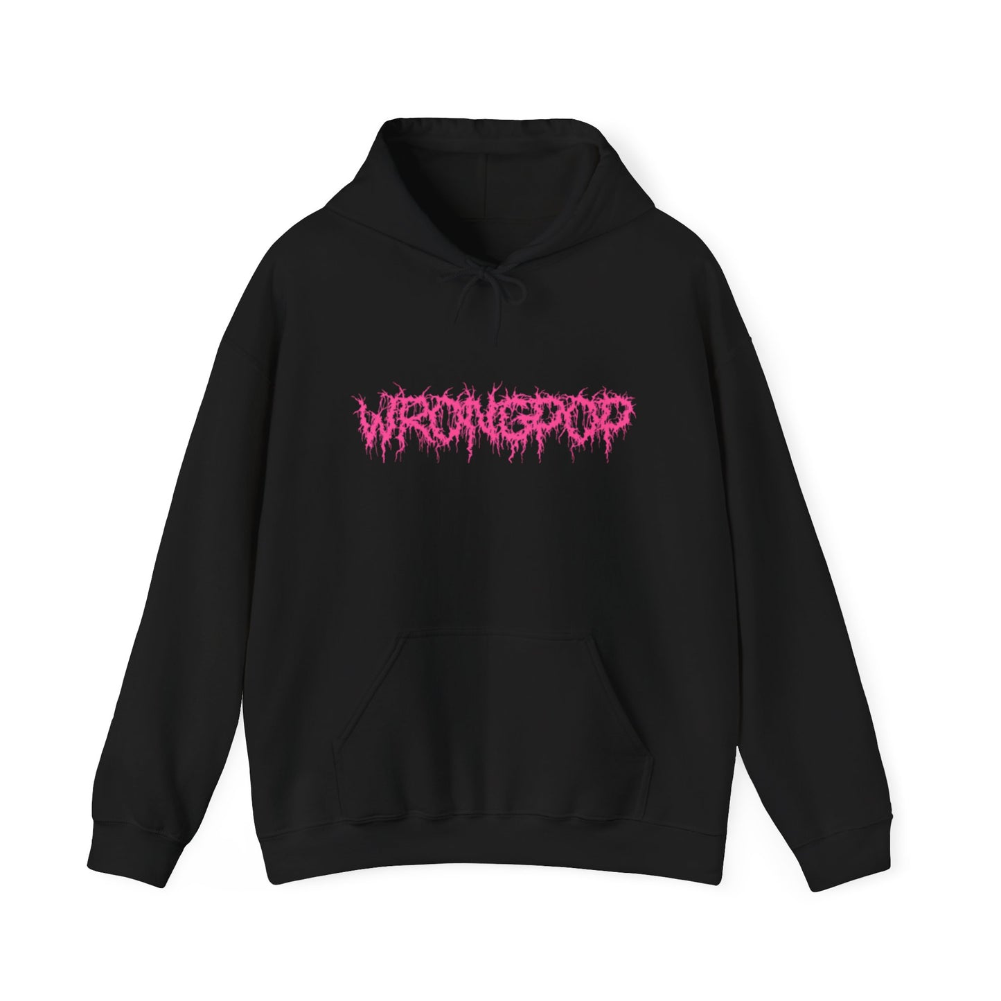 Wrongpop pink logo black hoodie — lifestyle shot