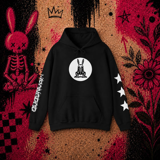 Wrongpop X-Ray Bunny hoodie — white design on black front view