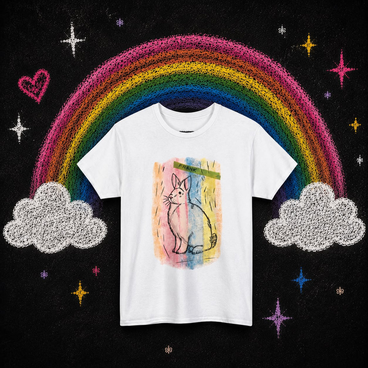 Wrongpop Proud Frank tee — rainbow cloud graphic detail, white tee