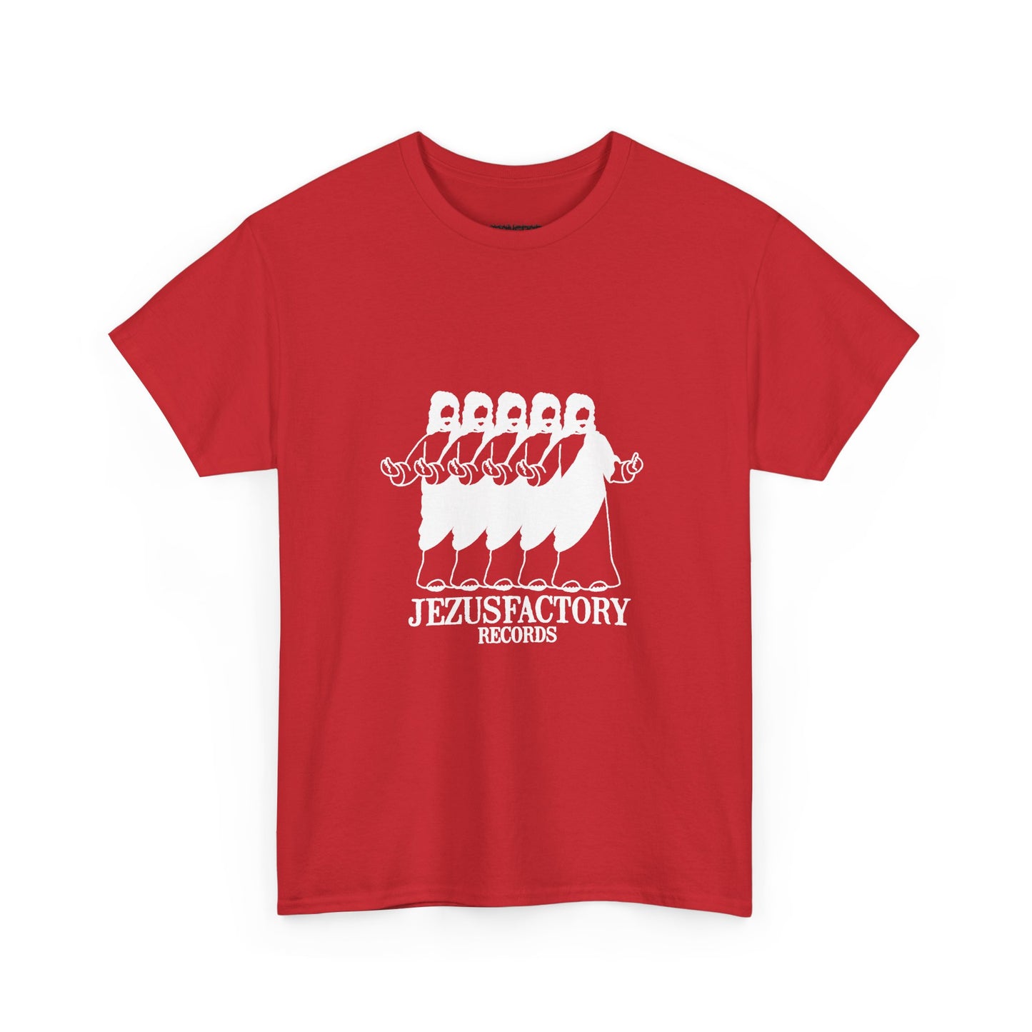 jezus factory records tee (white on black/red)