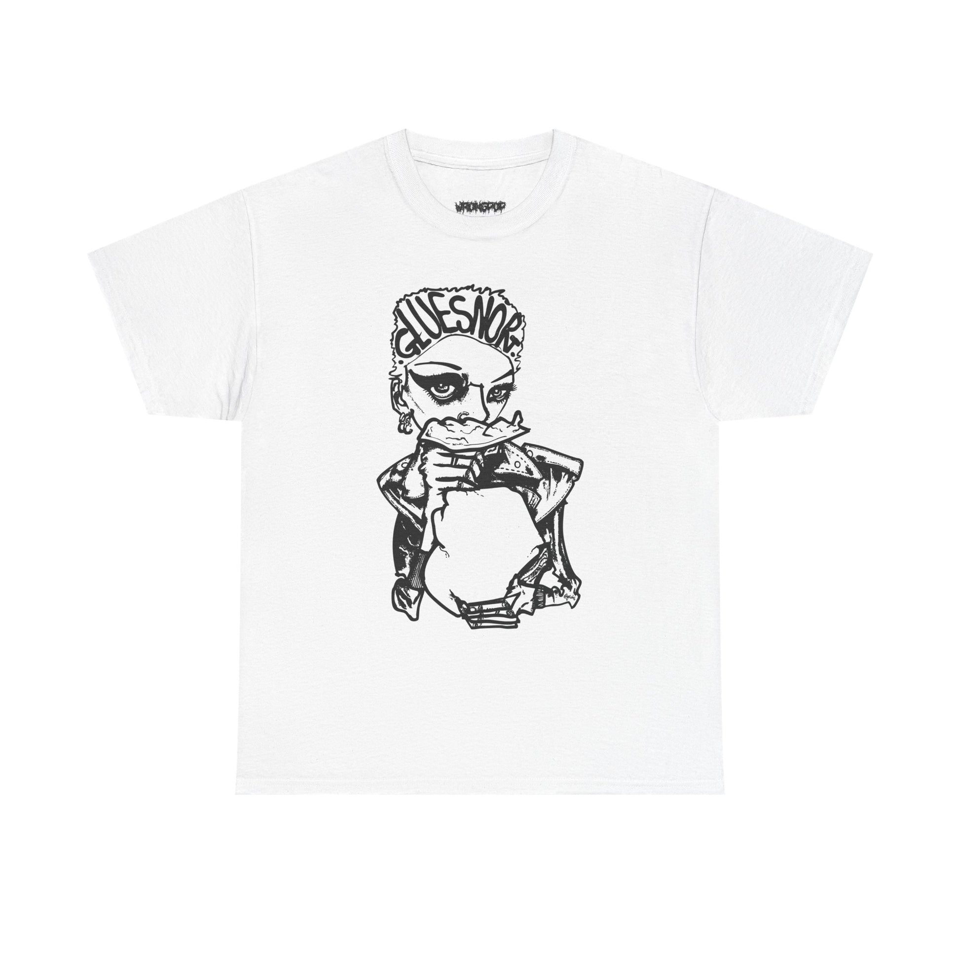 Gluesnort Festival Tee — black print on white, illustration by Graeme Ross