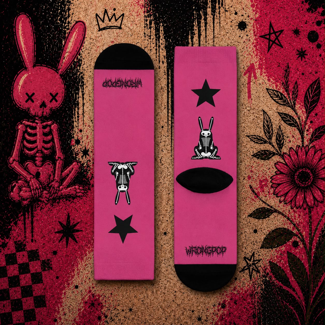 Wrongpop X-Ray Bunny socks black and pink — design 1