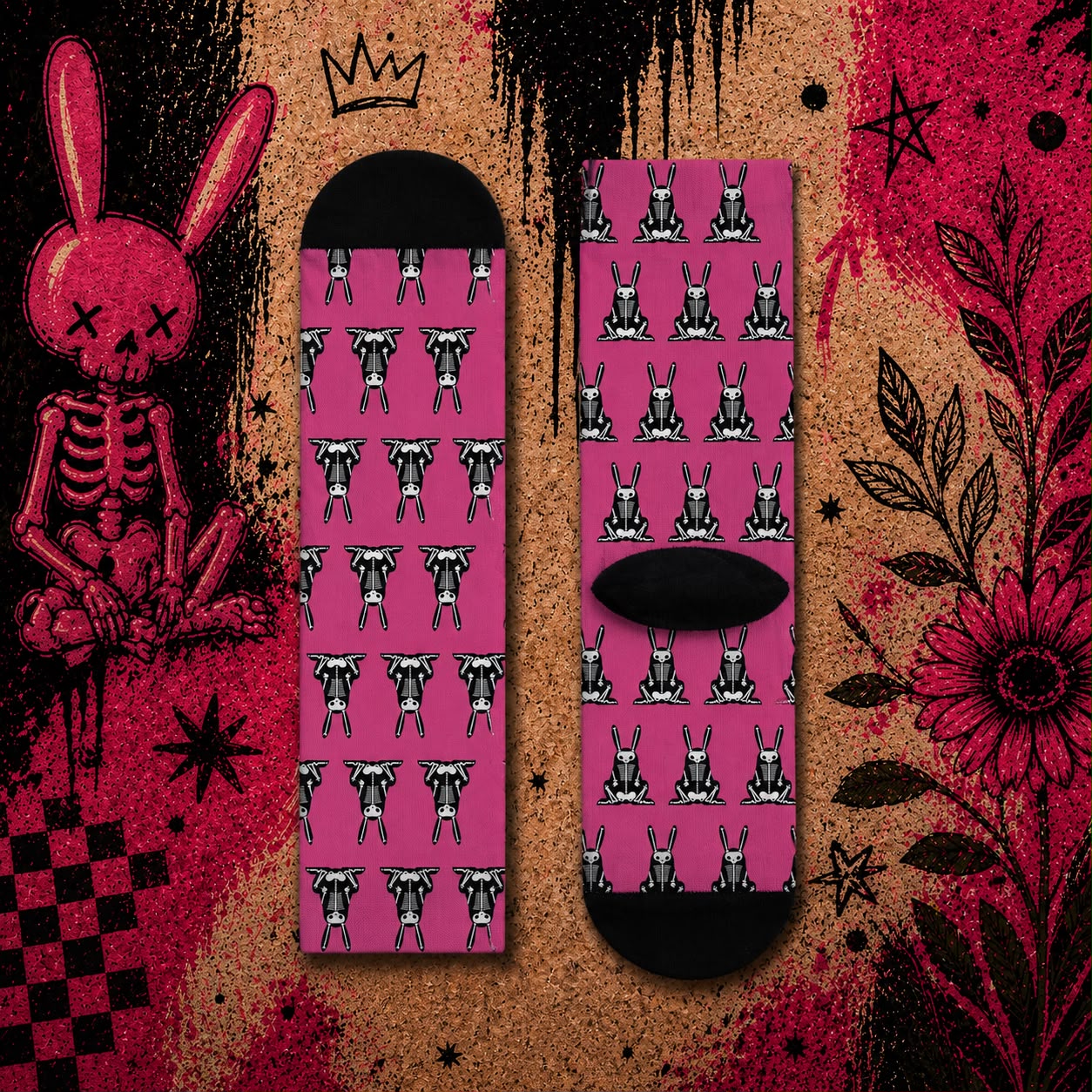 Wrongpop X-Ray Bunny socks black and pink — design 1