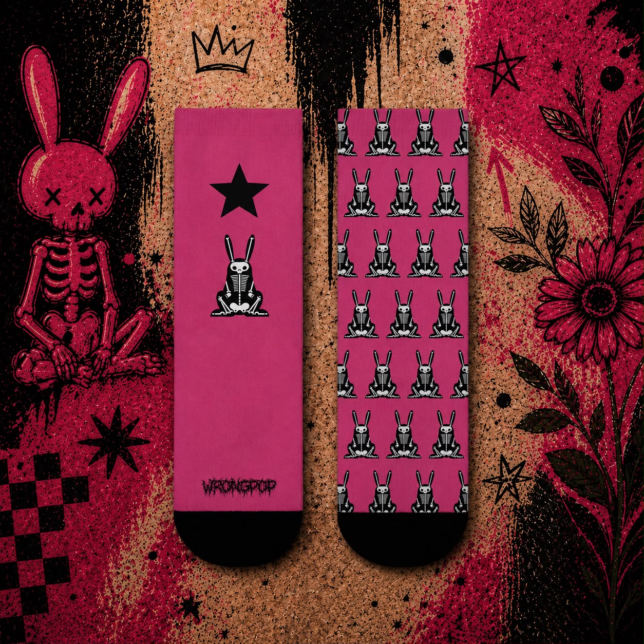 Wrongpop X-Ray Bunny socks black and pink — both designs