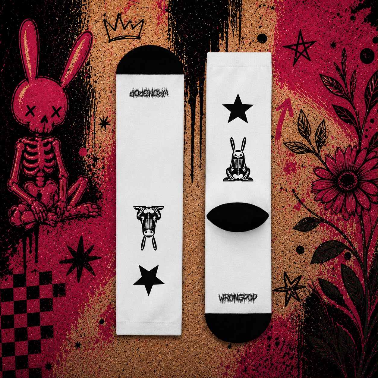 Wrongpop X-Ray Bunny socks black and white — design 1