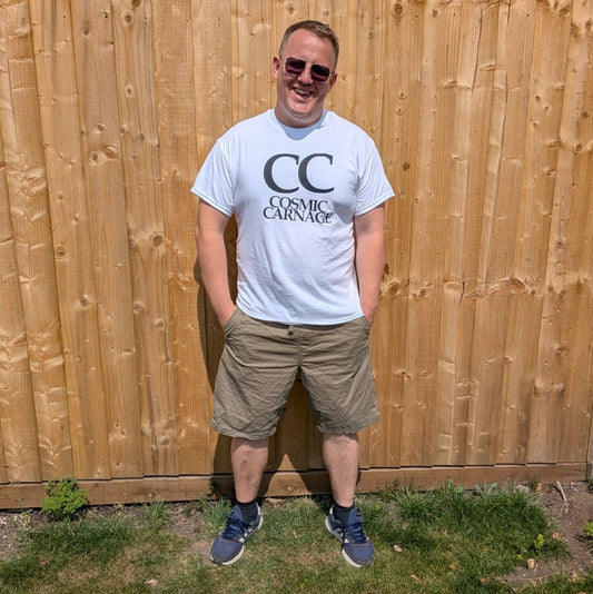 Wrongpop Cosmic Carnage graphic tee — classic colourway front view"