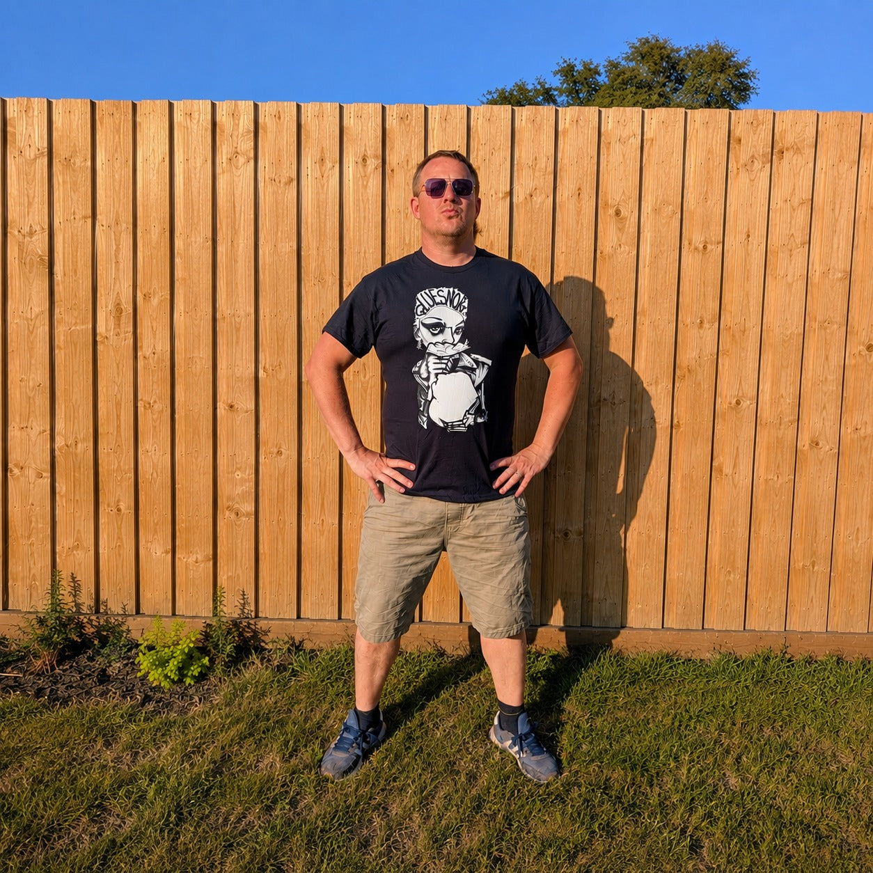 Model wearing Gluesnort Festival Tee (white on black) by Wrongpop