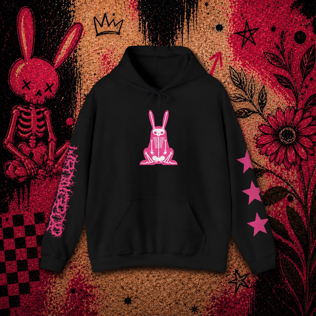 Wrongpop X-Ray Bunny hoodie pink on black — front