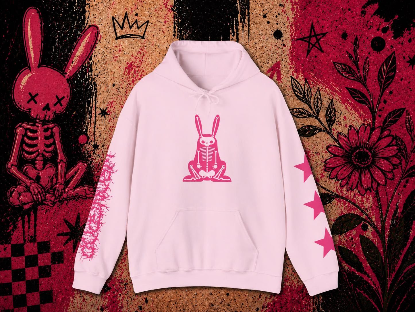 Wrongpop X-Ray Bunny hoodie pink on pink — front