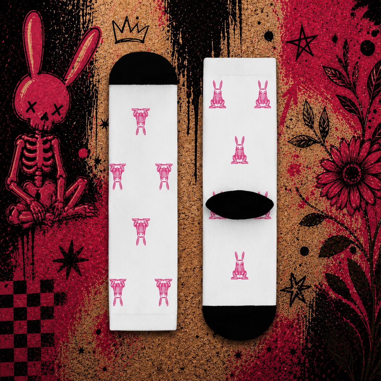 Wrongpop X-Ray Bunny socks pink and white — design 2