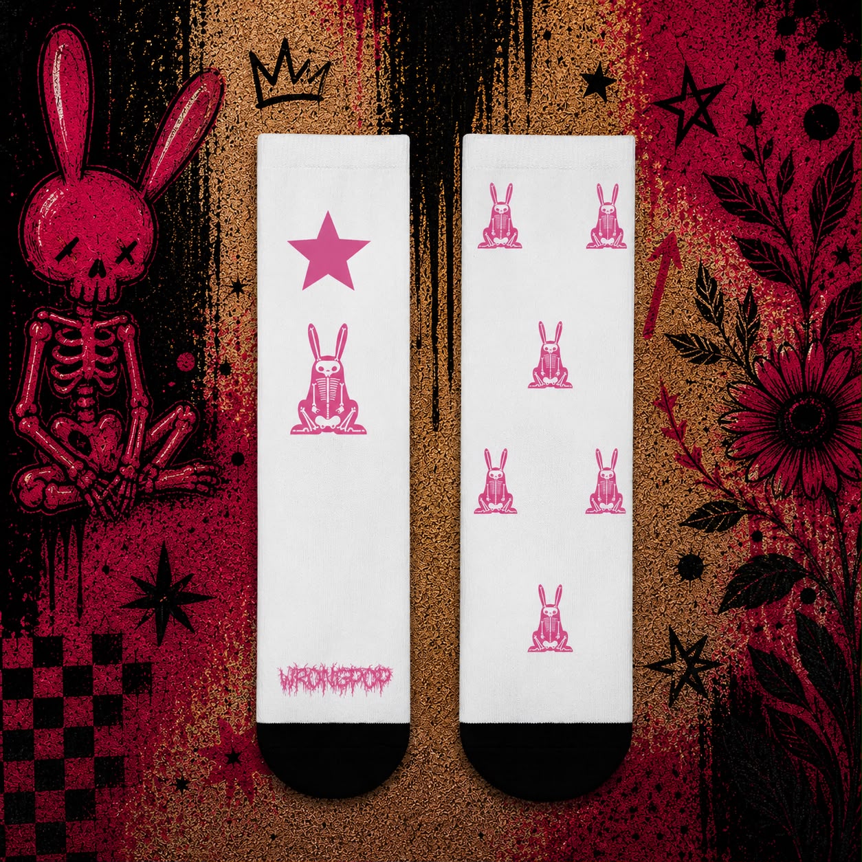 Wrongpop X-Ray Bunny socks pink and white — both designs