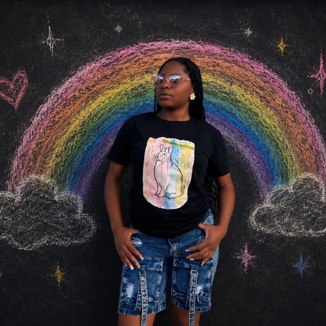 Wrongpop Proud Frank graphic tee — rainbow pride rabbit design on black