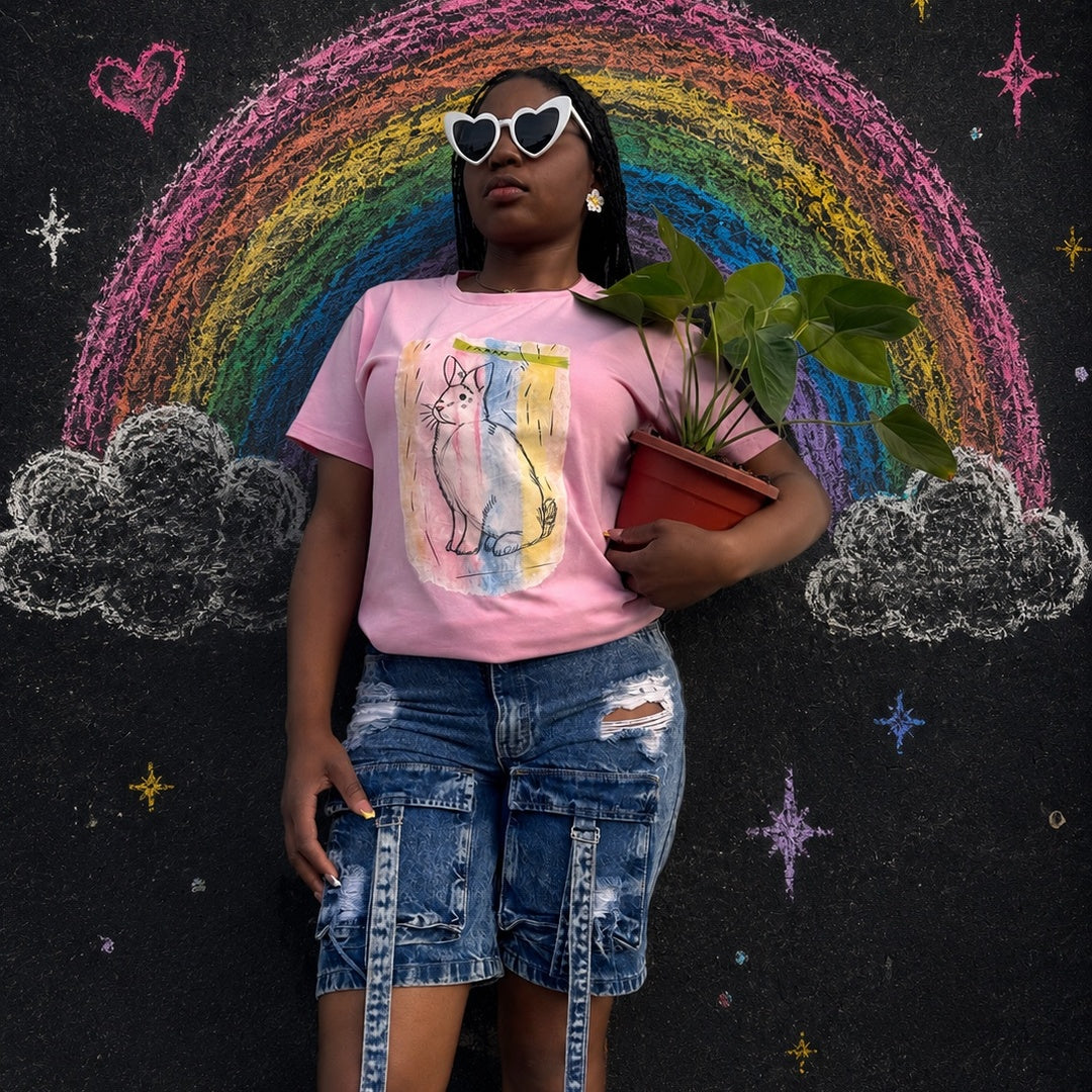 Wrongpop Proud Frank graphic tee — rainbow pride rabbit design on pink