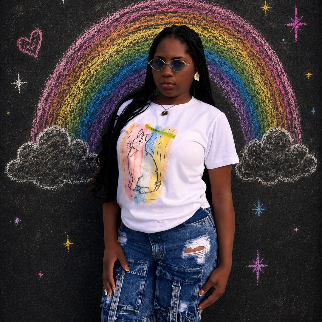 Wrongpop Proud Frank graphic tee — rainbow pride rabbit design on white