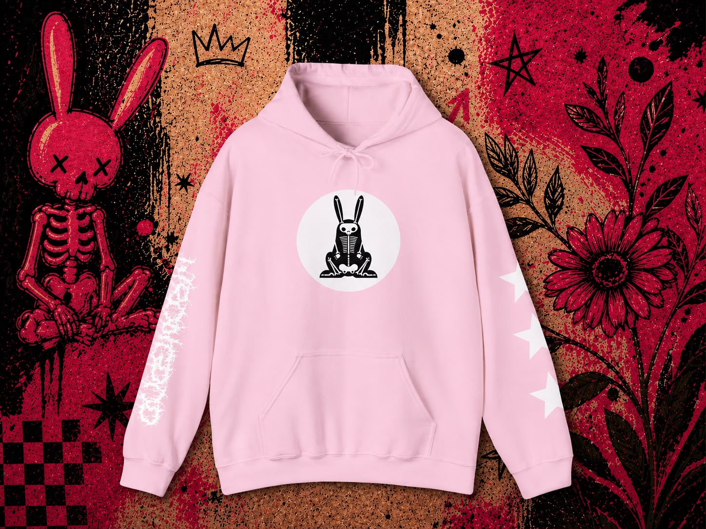 Wrongpop X-Ray Bunny hoodie white on pink — front