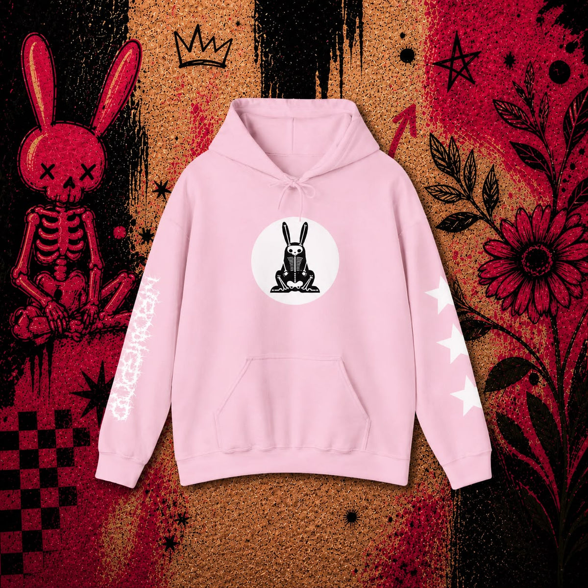 Wrongpop X-Ray Bunny hoodie — white design on pink, front view