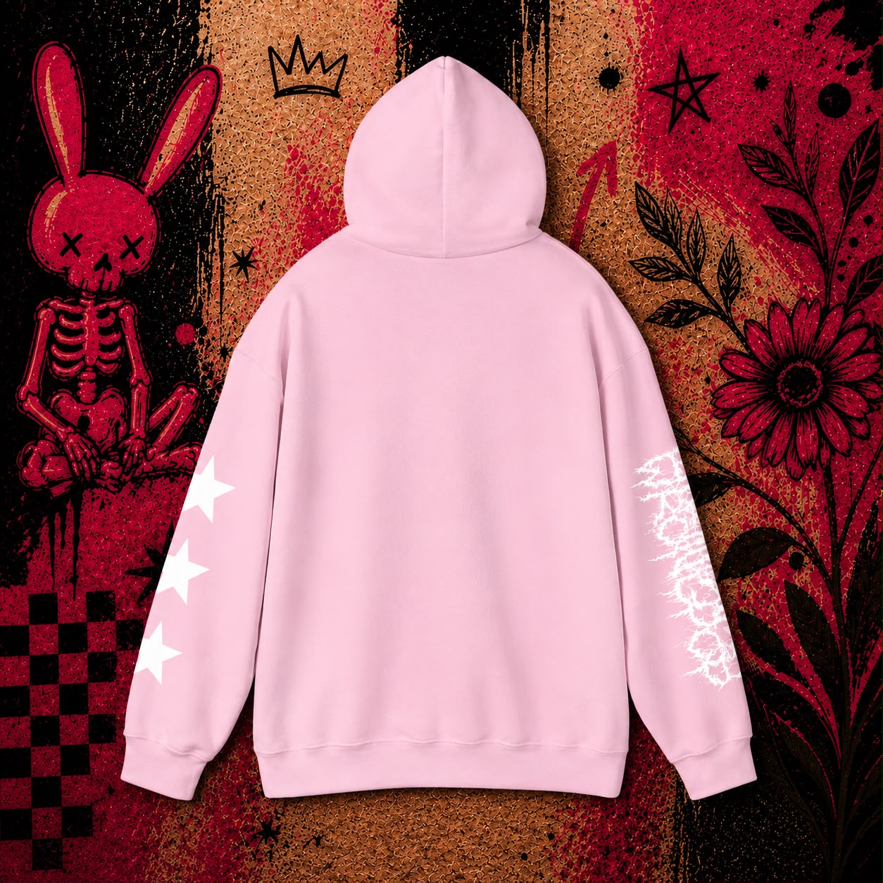 "Wrongpop X-Ray Bunny hoodie — white design on pink, back view