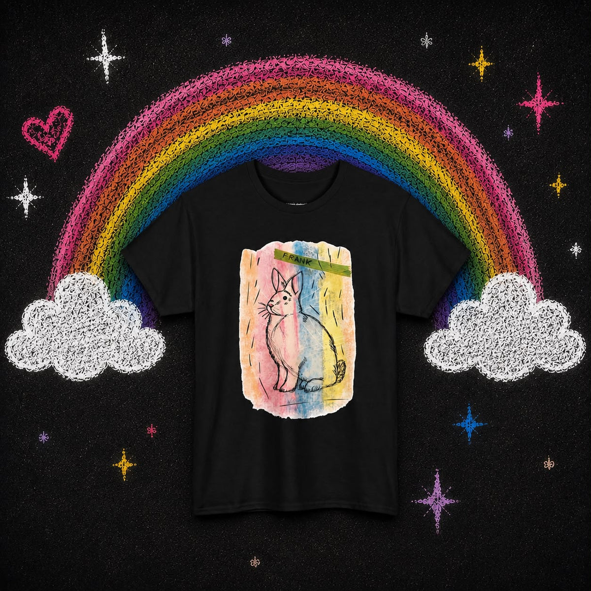Wrongpop Proud Frank tee — rainbow cloud graphic detail, black tee